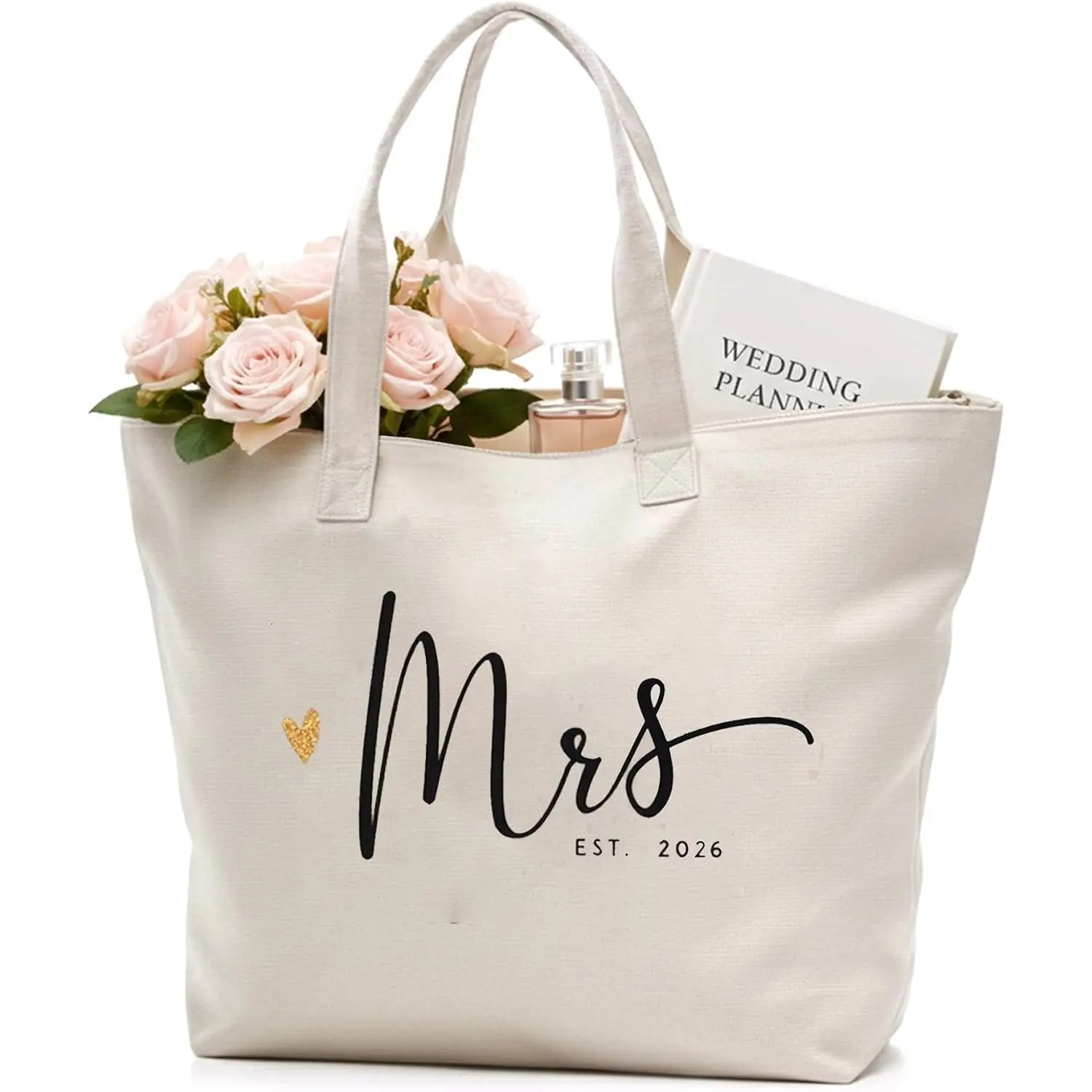 Mrs Tote Bag for Bride 2026 – Large Natural Canvas Wedding Tote with Zipper & Pocket, Future Mrs & Bride to Be Gifts for Bridal Shower, Engagement, Bachelorette Party, Honeymoon Beach Bag