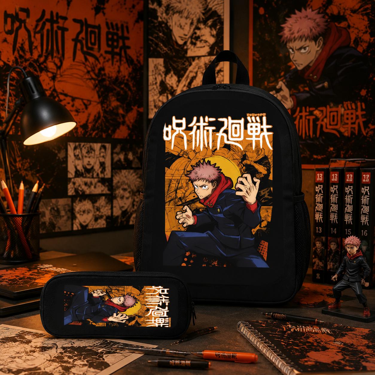 Anime Jujutsu Kaisen Itadori Yuji Print 3PCS Backpack Set with Lunch Box Pencil Case Cool Casual School Backpack Lightweight Travel Daypack for Kids Teens Anime Fans Gift Back to School Trendy TikTok Backpack Bundle Comfortable Shoulder Strap