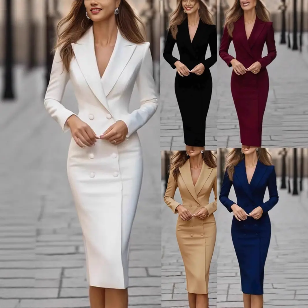 Women’s Double Breasted Blazer Midi Dress, Long Sleeve Lapel Collar Office Dress, Slim Fit Button Front Workwear Dress for Business, Banquet, Dinner, Fall Outfits and Going Out Looks S-XL