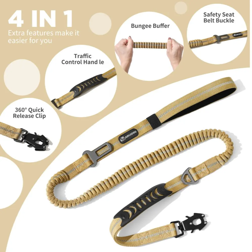 Tactical Dog Leash, Shock Absorbing Bungee, Dual Padding Handles, Metal Buckle Clip, Safety Strap, for Medium Large Dogs