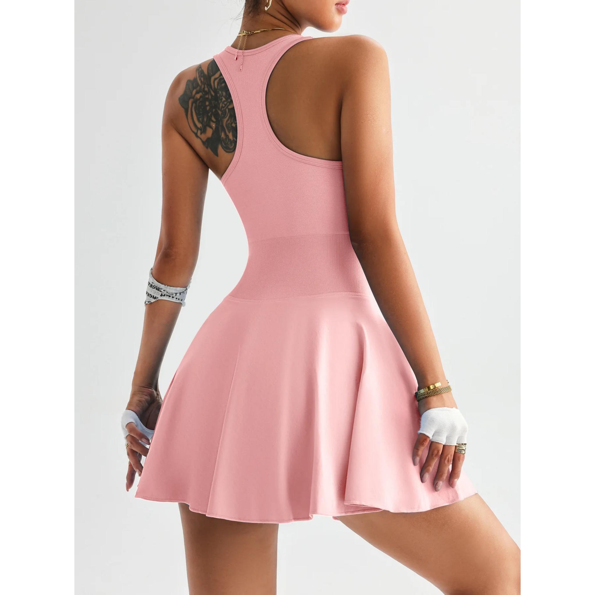 Women's tennis dress one-piece slim fit soft sportswear golf badminton suit with chest cushion sports yoga suit, Women's Seamless Racerback Tennis Dress with Built-in Shorts, Golf Activewear with Pockets