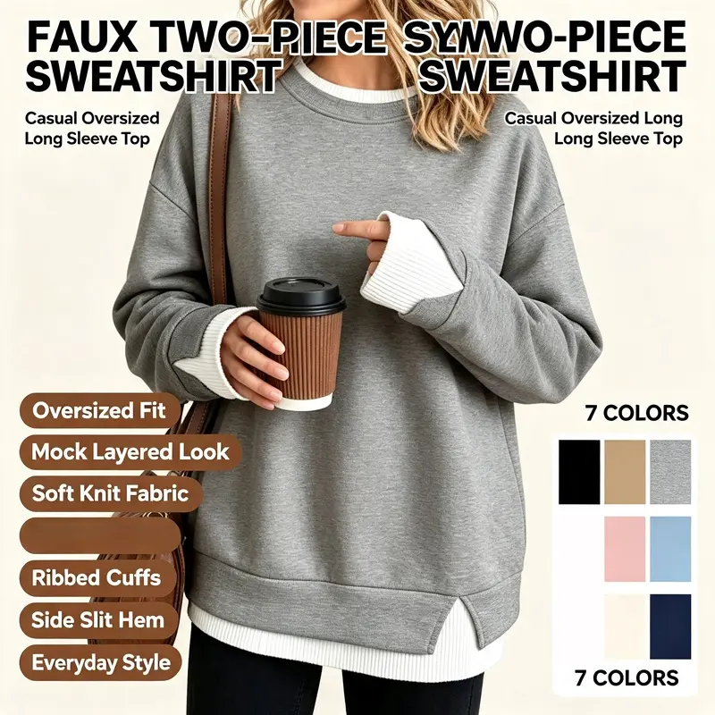 Women's 2026 Spring Fake Two‑Piece Sweatshirt, Crew Neck Long Sleeve Pullover Tops, Loose Fit Color Block Patchwork Casual Oversized Blouse for Daily Wear