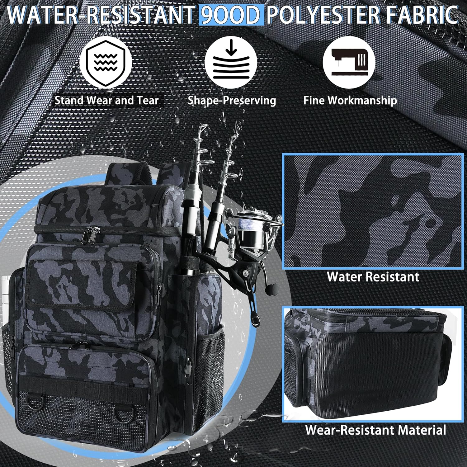 SUNDAY MIRTH Fishing Tackle Backpack With Rod Holders, 45L Large Tackle Bag & Fishing Tackle Backpack for Fishing, Camping, Hiking,Camouflage