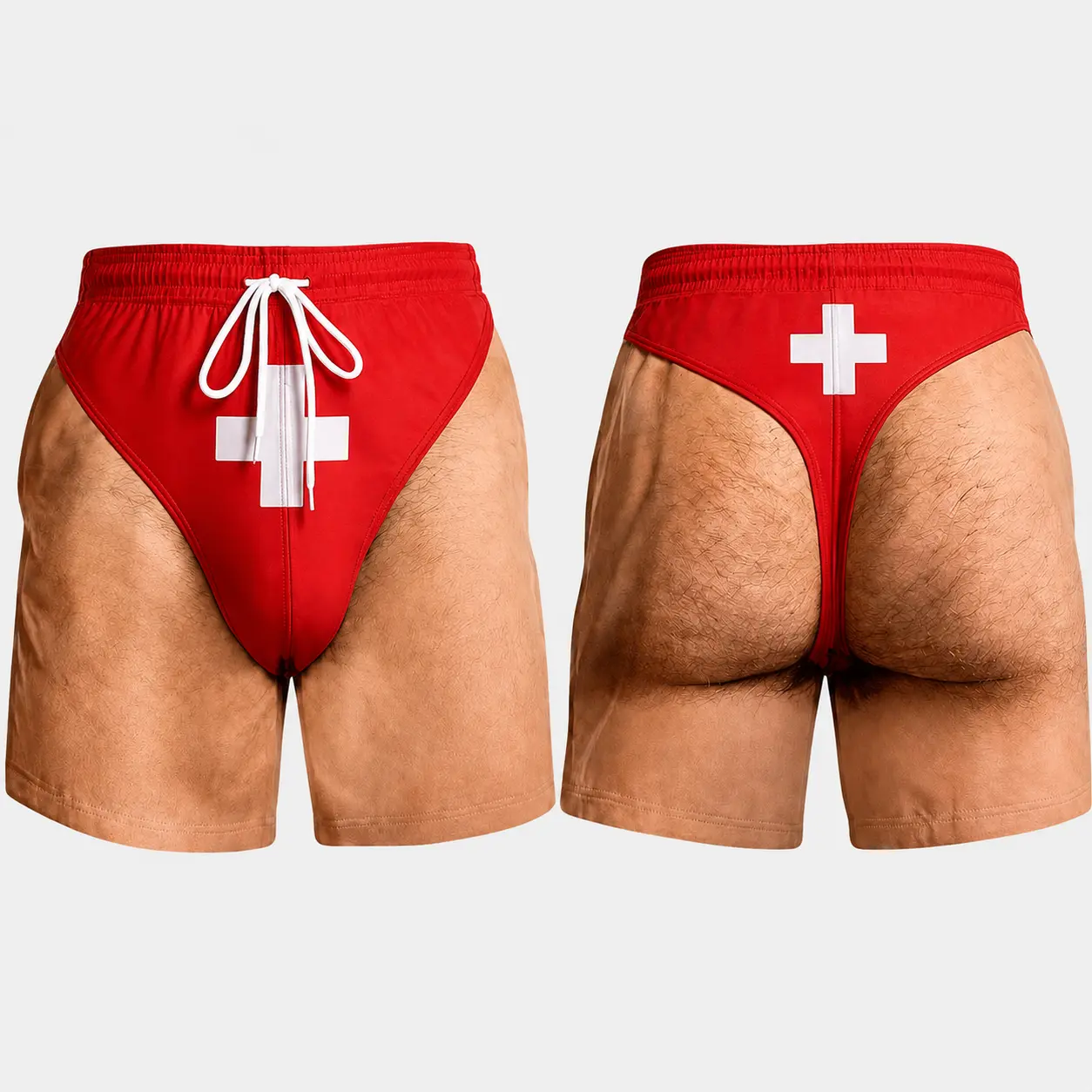 Men's Novelty Lifeguard Swim Trunks, Red Beach Shorts with Mesh Lining, Funny Ugly Summer Hawaiian Shirt Vacation Gifts for Him