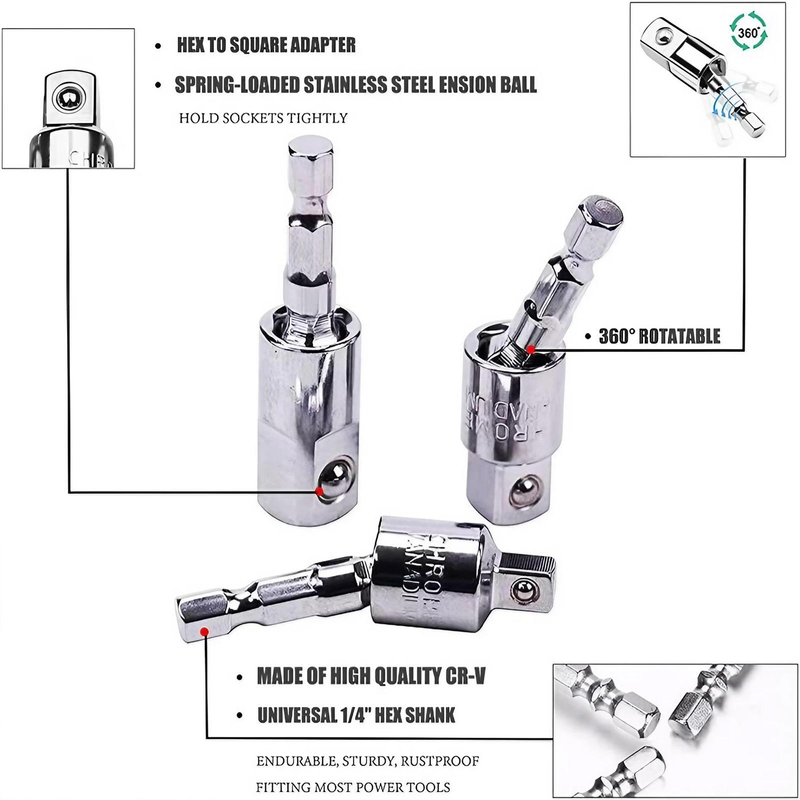 Electric Wrench Quick Change Socket Adapter Kit, 1/4/3/8/1/2 Inch Hex Head Conversion Coupler, Anti-Loose Metal Extension Rod Set