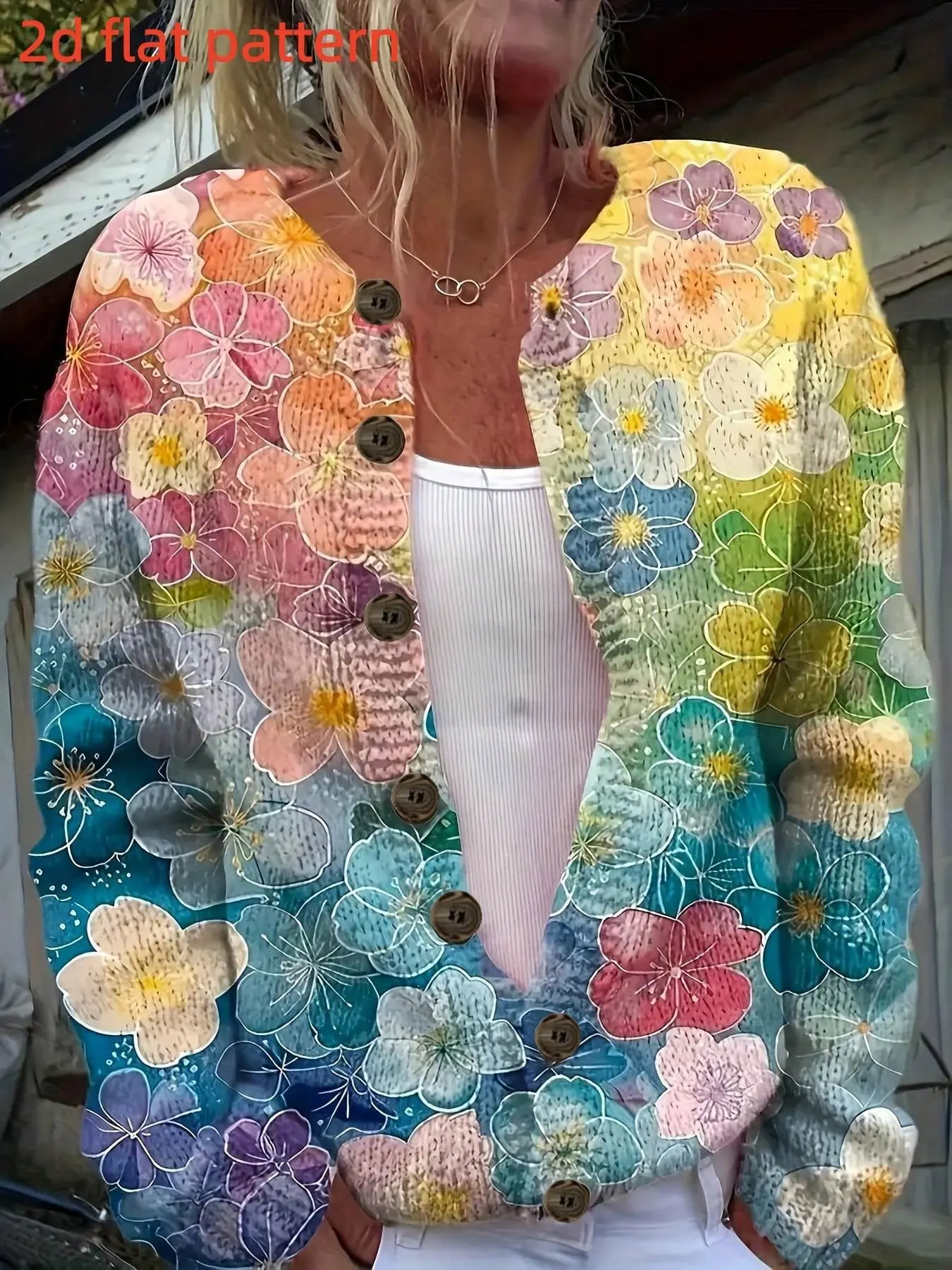 Women's Long Sleeve Sweater, Elegant Loose-Fit All over Print Top, Spring & Fall Fashion Open Front Cardigan, Trendy Digital Print Outerwear
