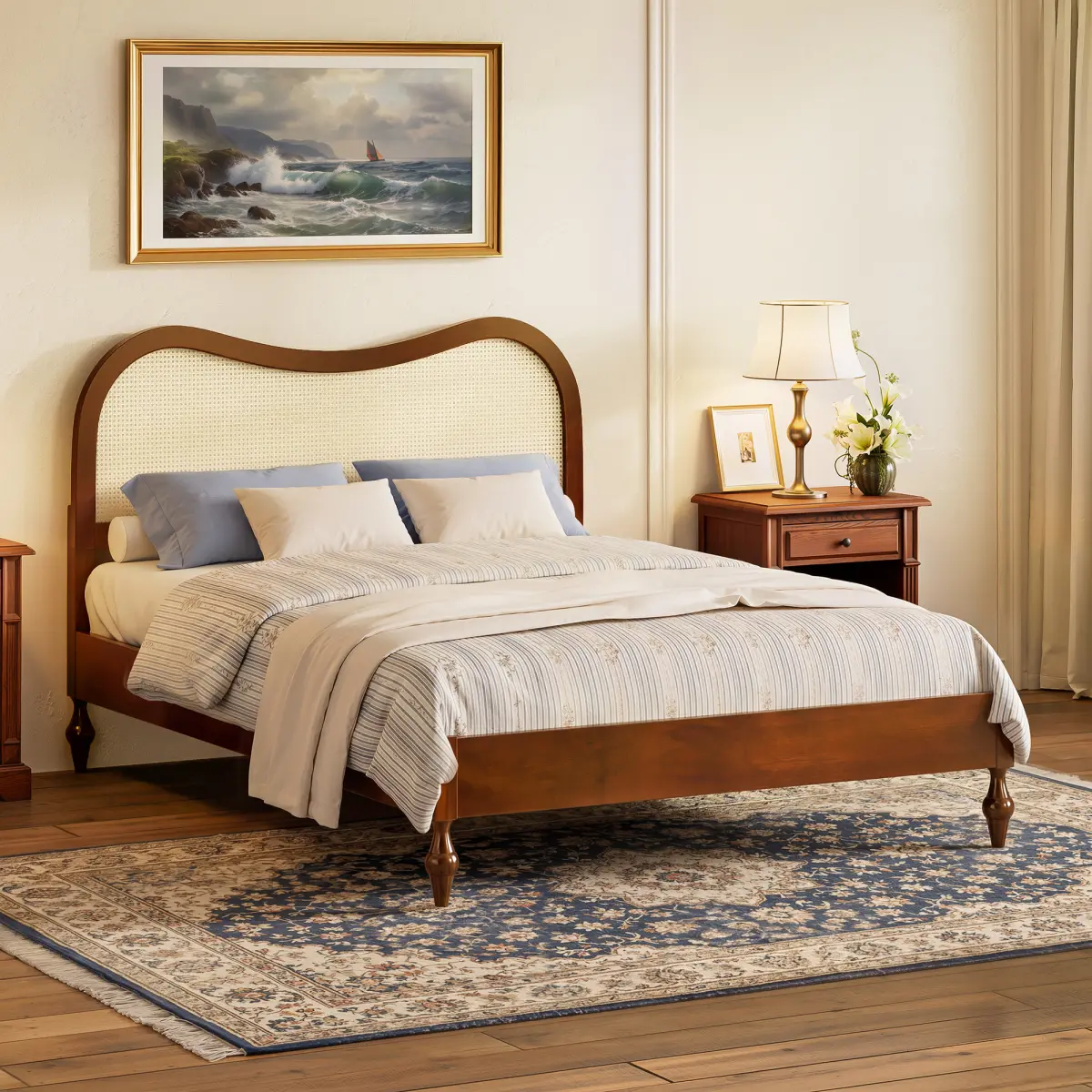[Bellemave]Mid-Century Modern Queen Platform Bed Frame with Curved Rattan Cane Headboard, Boho Scandinavian Natural Style Bed, Queen Size Bed for Bedroom, No Box Spring Needed, Walnut