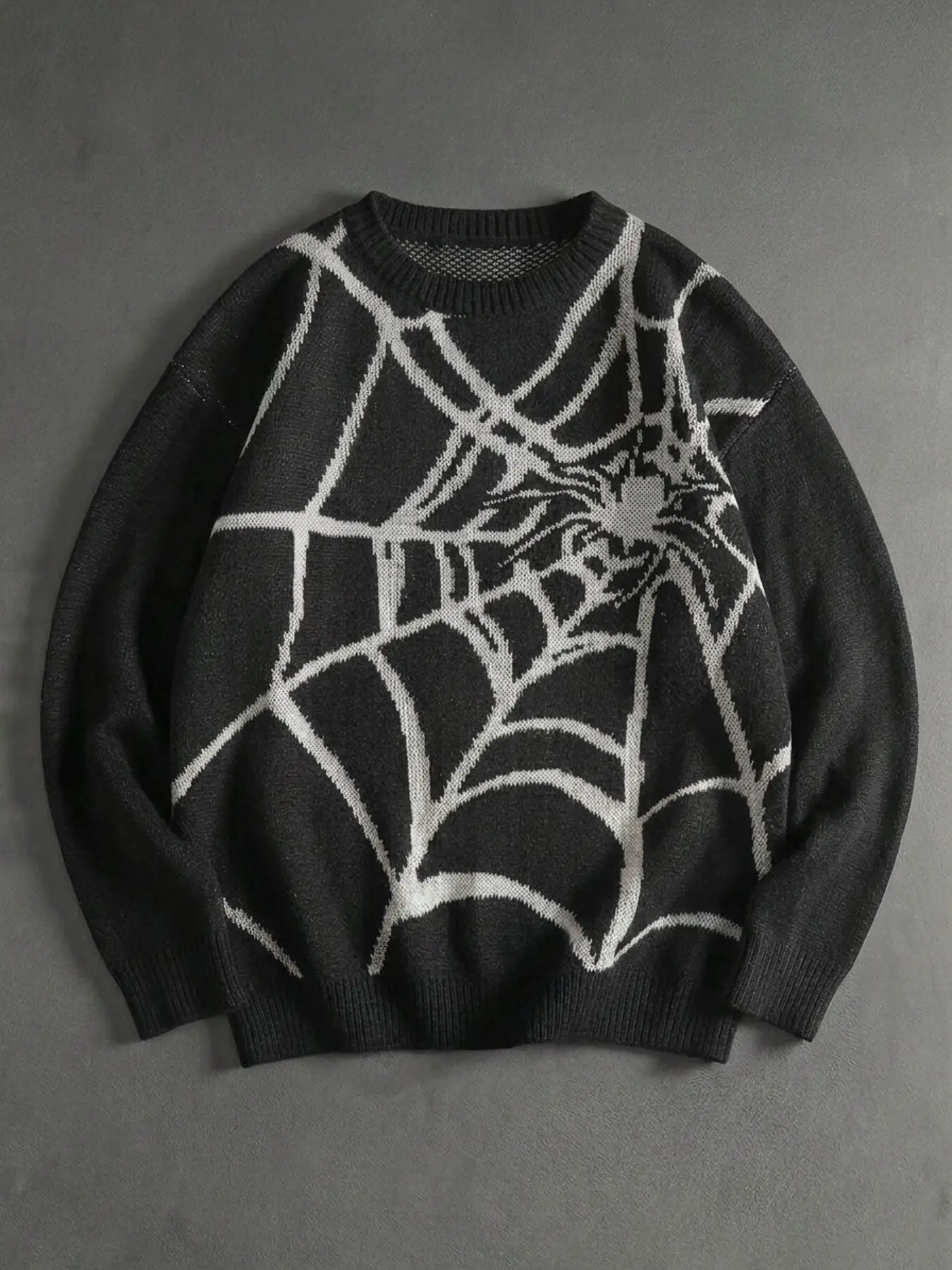 Men's Gothic Style Spring Casual Embroidered Sweater, Spider Web Pattern, Halloween, School, Fall Winter, Loose-Fitting, Short Sleeve