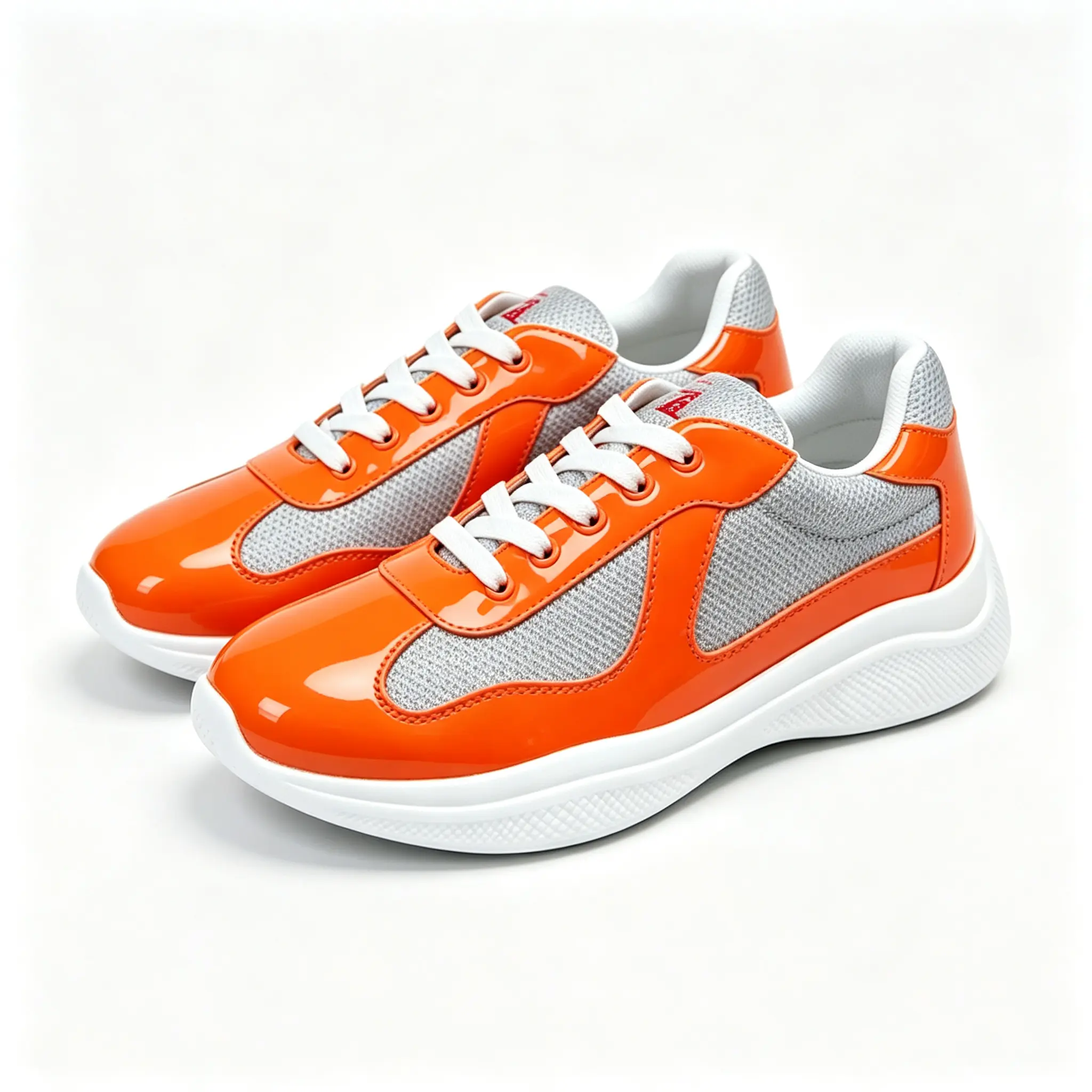 Gloss Orange Patent Leather Accent Mesh Running Sneakers, Soft Padded Interior Insole, Wear Resistant White Rubber Sole, Versatile Color Matching Casual Athletic Walking Trainers