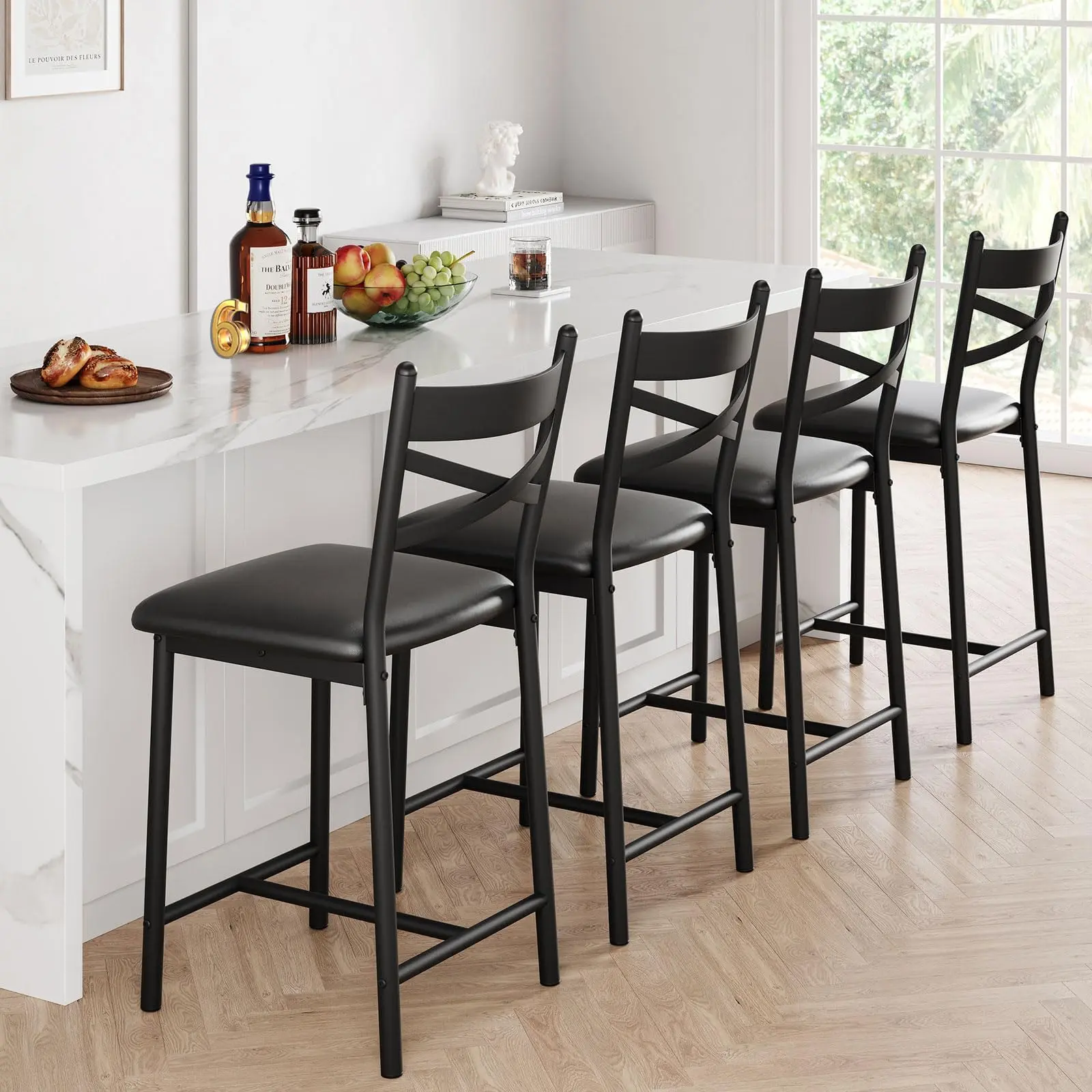 Comfortable PU Leather Dining Chairs Set of 6 – Upholstered Counter Height Bar Stools with Backrest & Footrest – Modern Metal Legs, Thick Cushion for Kitchen Island, Dining Room, Apartment summerwins