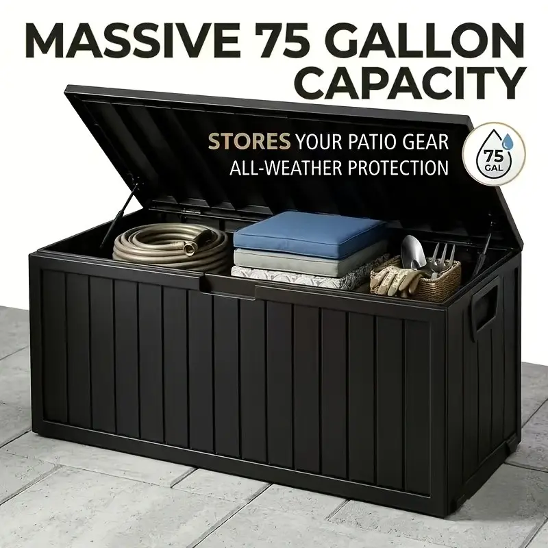 75 Gallon Outdoor Storage Box with Lockable Flip-Top Lid, Portable Handle & Wheels, Suitable for Pool Deck, Shed, Parcel Delivery, Easy Assembly Plastic Cabinet for Terrace, Holiday Gifts (Grey)