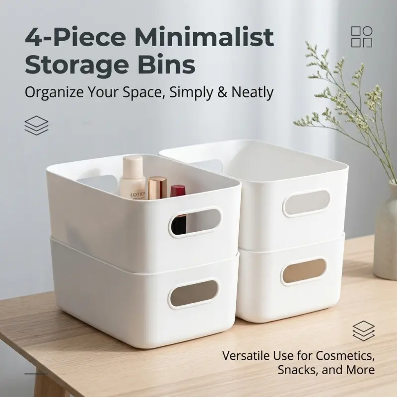 4 Pack White Plastic Storage Bins with Cutout Handles, Stackable Multipurpose Organizer Containers for Bathroom Cosmetics, Kitchen Snack, Bedroom Closet & Cabinet Home Storage