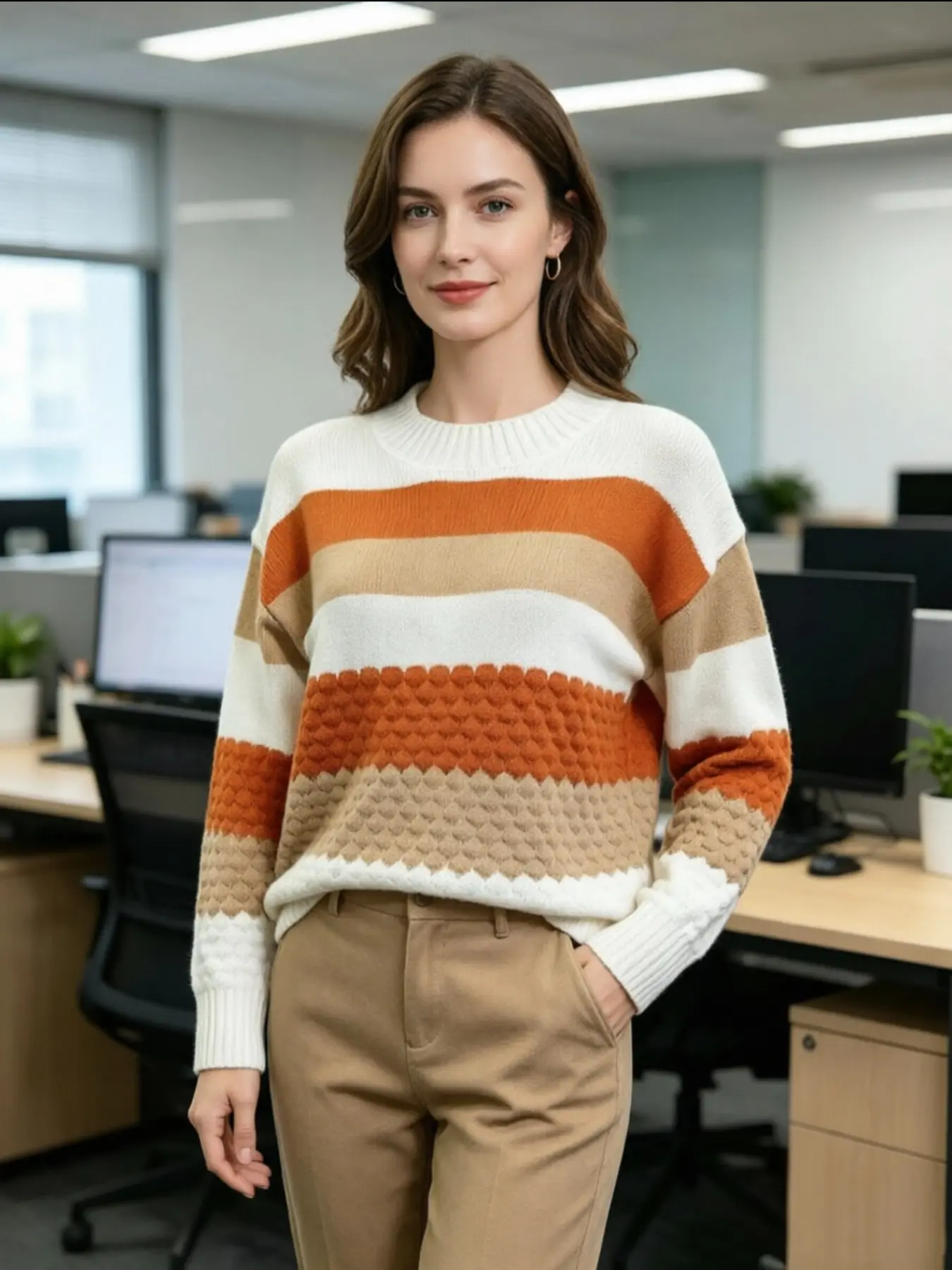 Meadow Color Soft Knit Sweater, Simple Round Neck Office Wear Slimming Women's Pullover, Casual Patchwork Design, Fall & Winter