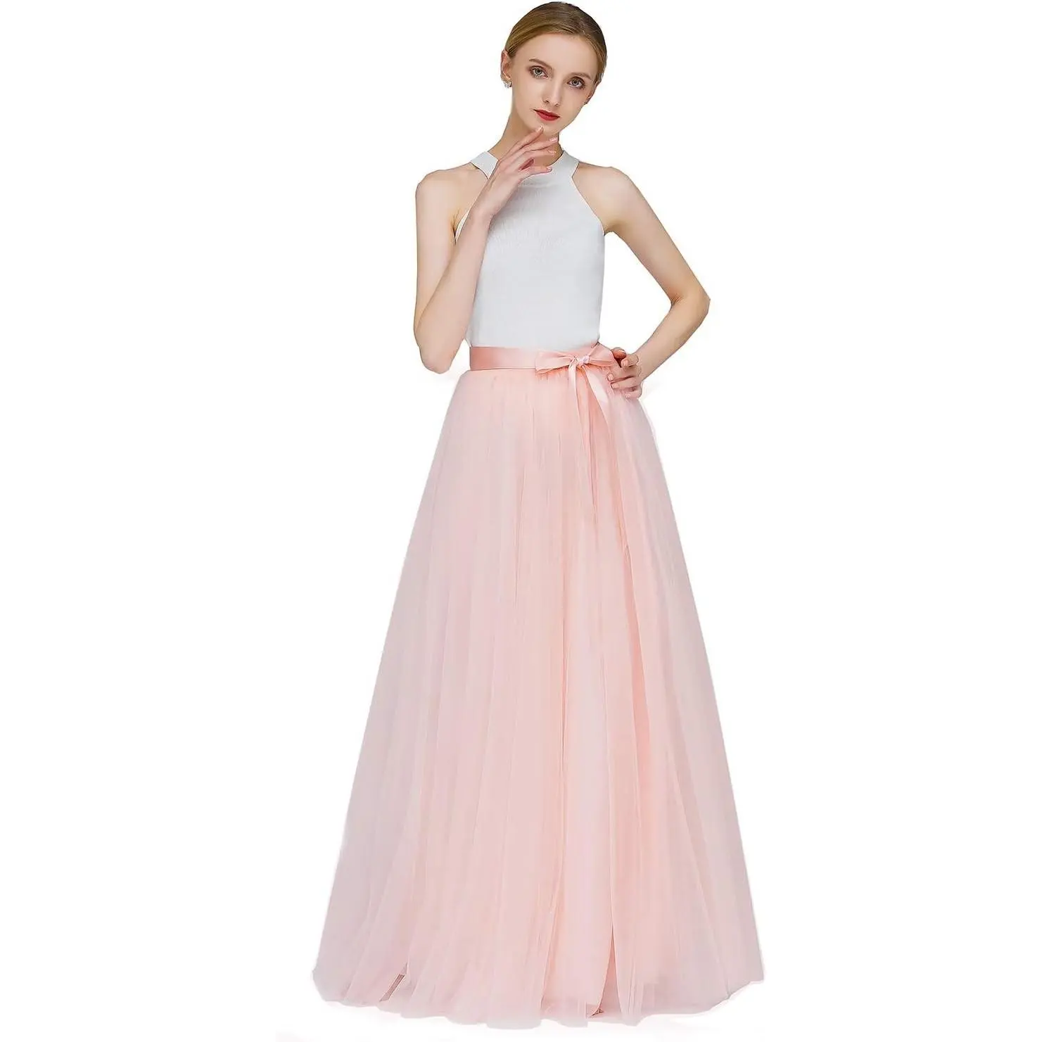 A Line Long Full Bridesmaid Tulle Skirt for Wedding Evening Party Prom P68