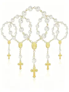 30-Piece Artificial Pearl Rosary Cross Bracelet, Baptism Gift, Communion Gift, Wedding Party Favor, Religious Theme Memorial Accessory