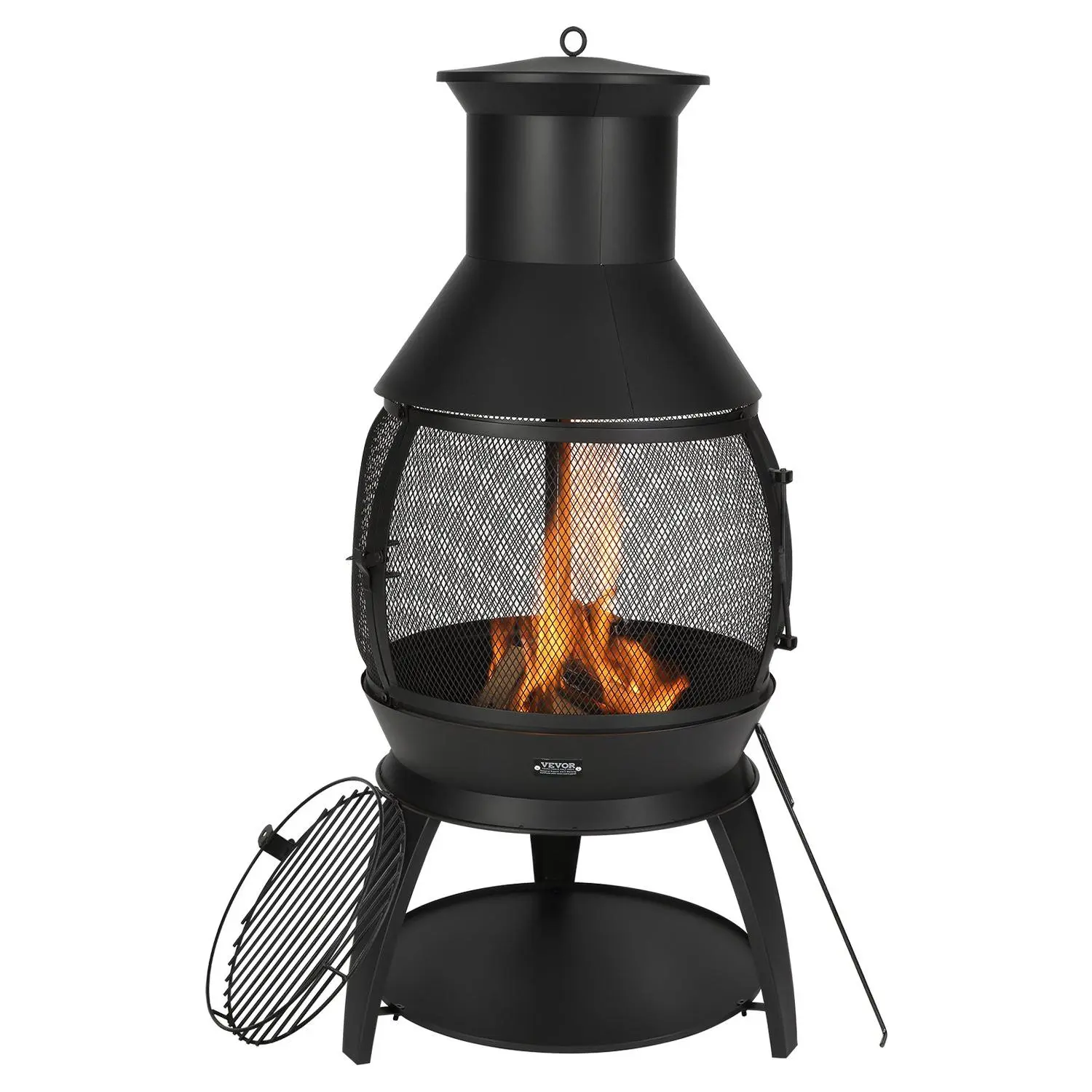 VEVOR Chiminea, 22 Inch Outdoor Wood Burning Firepit, Iron Spherical Fireplace for BBQ Warming, Wooden Fire Pit with Grill Mesh, Chimney Coat Rustproof Chiminea Lid, for Patio, Garden, Backyard