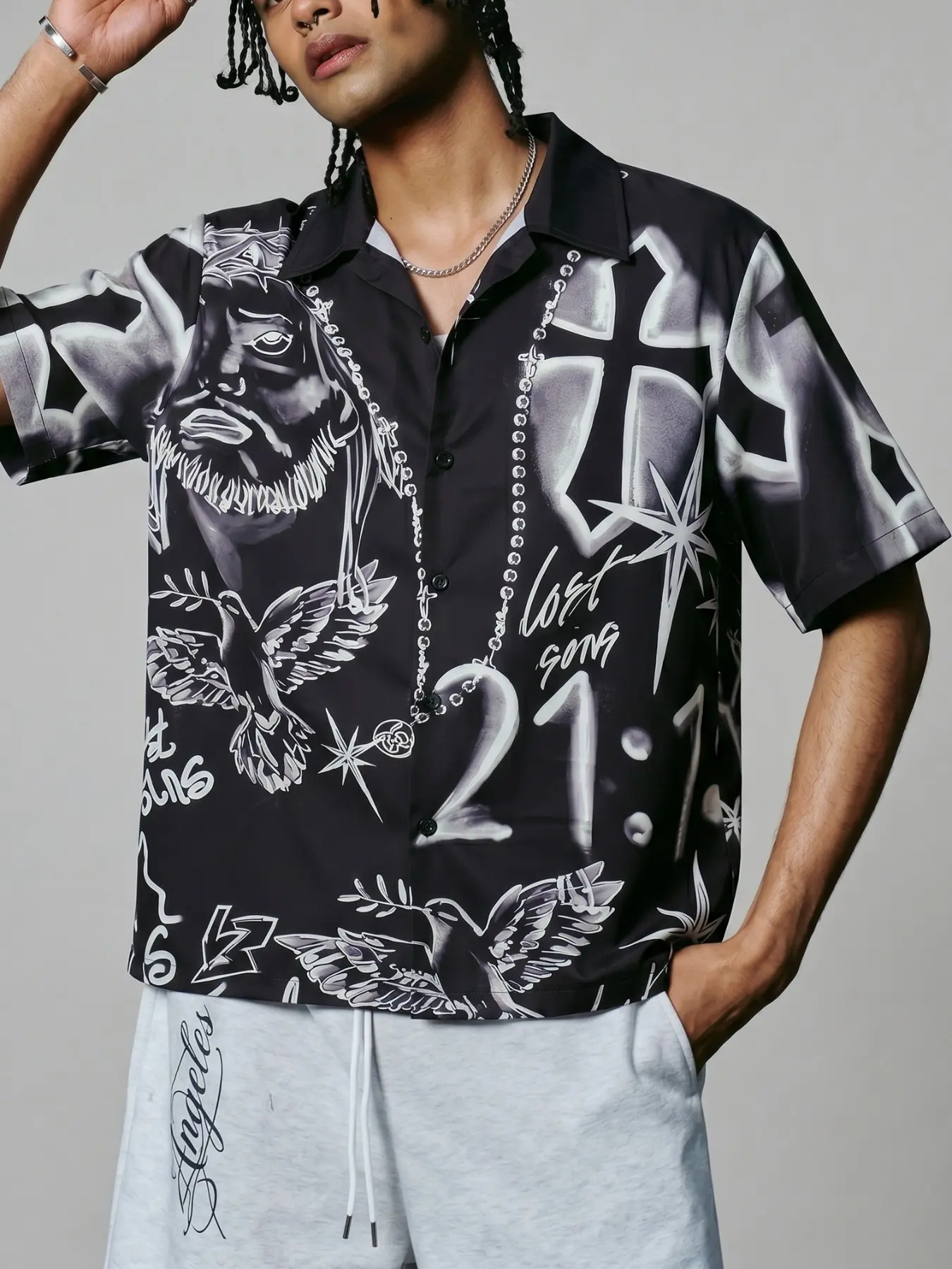 Men’s Black Base Short Sleeve Collared Button Down Shirt, Full Black White Chicano Portrait Dove Cross Star Number And Cursive Letter Allover Print, Loose Hip Hop Streetwear Casual Blouse, Suitable For Urban Street Matching Club Outfits