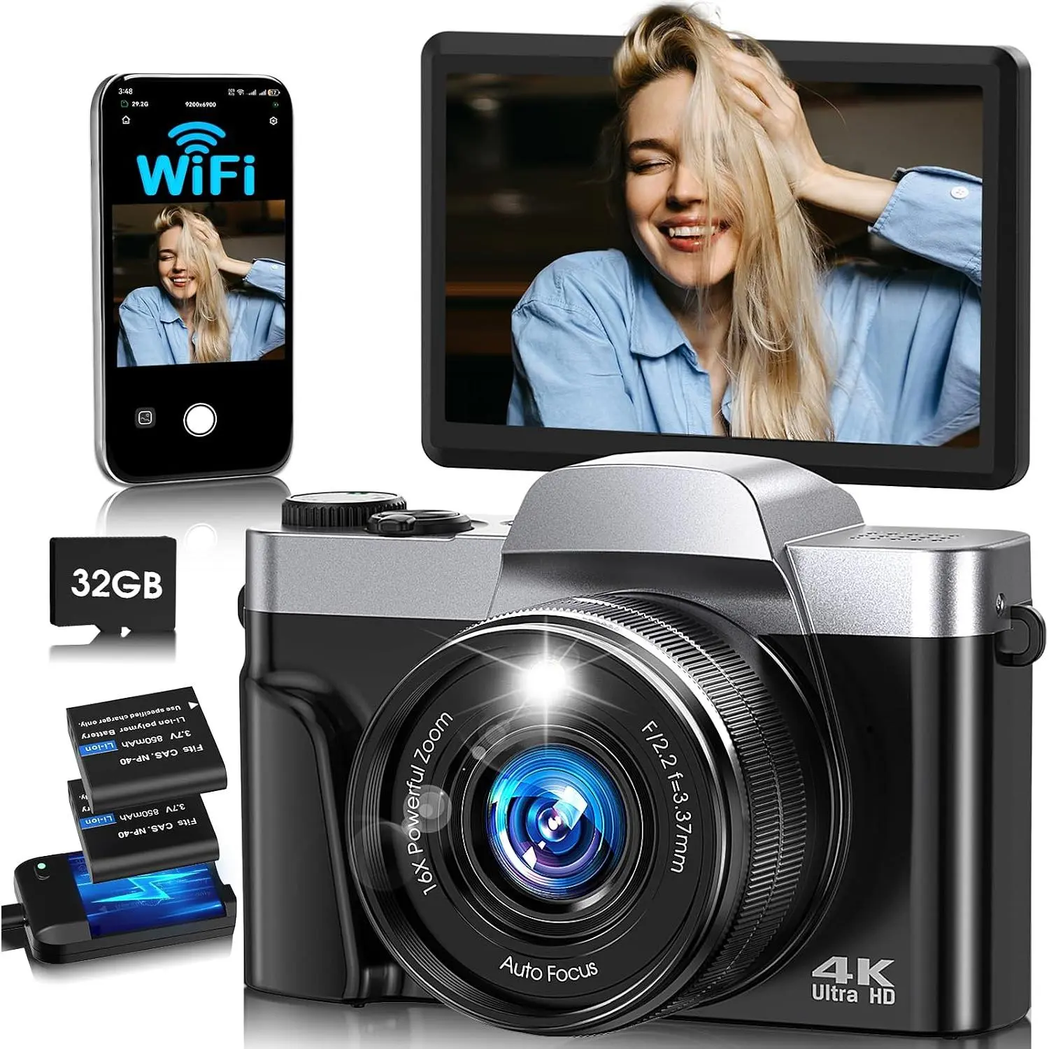 Digital Camera,4K 64MP WiFi Camera for Photography,3'' 180° Flip Screen | Vlogging Camera for YouTube,Autofocus,Compact Travel Camera for Beginners with 32GB SD Card,16X Zoom,Anti-Shake,2