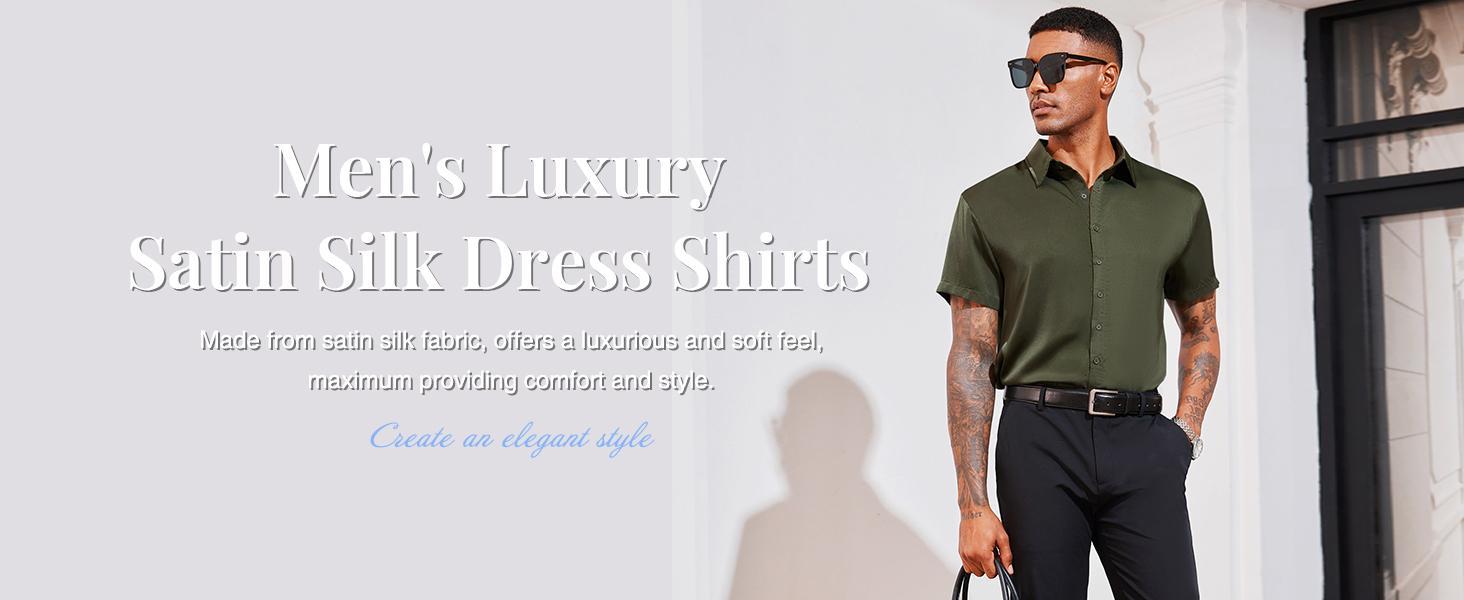 PASLTER Mens Luxury Satin Silk Dress Shirts Casual Button Down Short Sleeve Prom Party Wedding Shirt