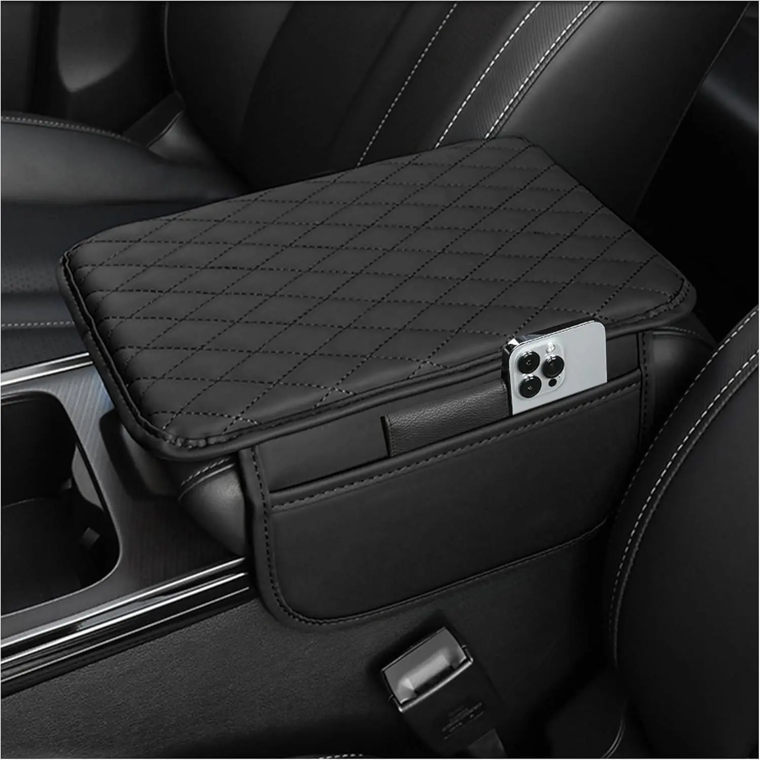 Upgraded Car Center Console Cover,Microfiber Leather Car Armrest Cover Cushion with 2 Storage Bags,Universal Car Armrest Storage Box (Black)