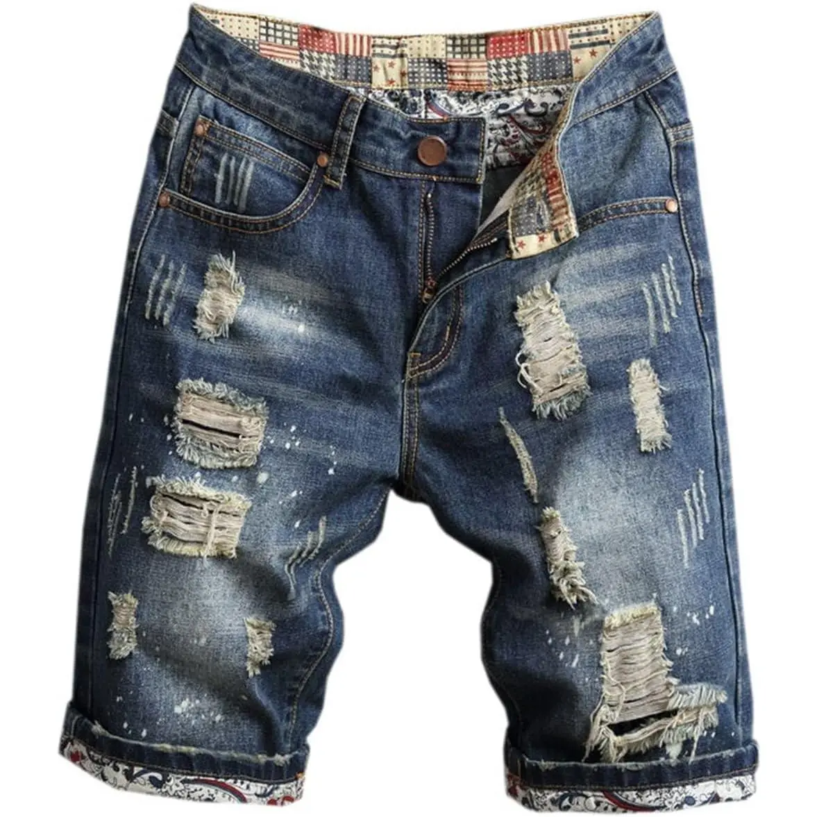 Men's Cotton Soft Hipster Ripped Straight Denim Shorts - Summer Casual Distressed Jeans