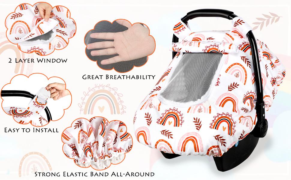 Baby Car Seat Cover Girls, Infant Rainbow Car Seat Covers Canopy for Newborn,2 Layers Windows of Breathable Mesh/Fabric, Lightweight Polyester/Minky Dot Backing, Snug Fit Most Baby Car Seat