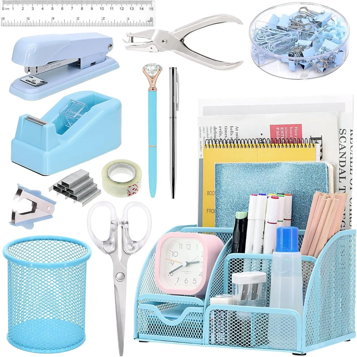 13-in-1 Office Desk Organizer Set for  to School Supplies Accessories | Organizer Set with Stapler and Tape Dispenser, Pen Holder, , Ruler, Hole Punch, 2 Pens &  Desk Supplies