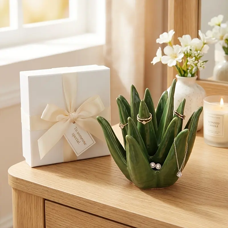 Cactus & Aloe Shaped Jewelry Tray Ceramic Trinket Tray with Display Stand Ring Earring Storage Dish for Dresser Desk Ideal New Year Gift for Mom Girlfriend