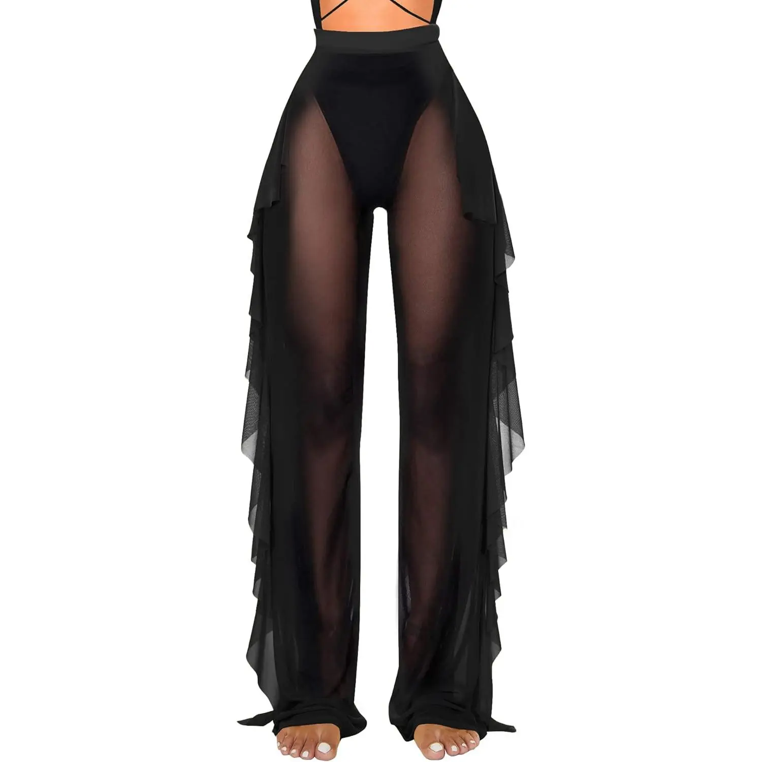 Women's Ruffle Sheer Mesh Swimwear Bikini Cover Up Pants See Through