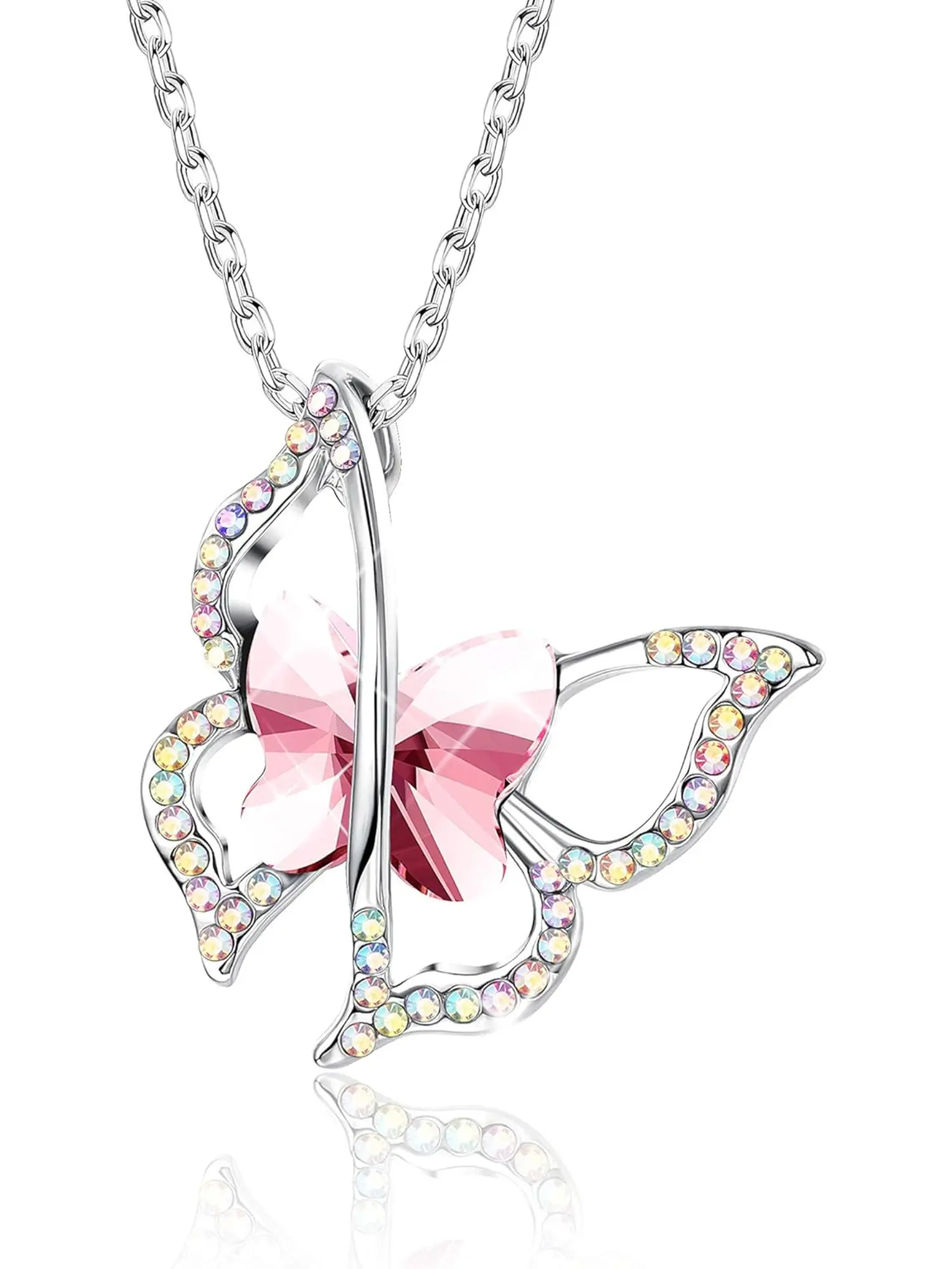 1pc Butterfly Necklace for Women Pink Crystal Butterfly Pendant Necklace with Small Aurora Borealis Crystals Made From Austria