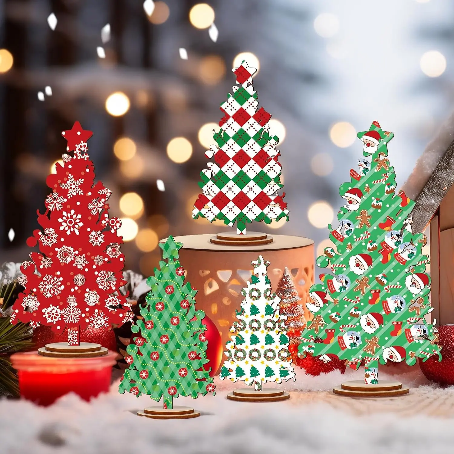 5 count Rustic Wooden Christmas Tree Table Decor - Freestanding Shelf Centerpiece for  Mantel or Tiered Tray