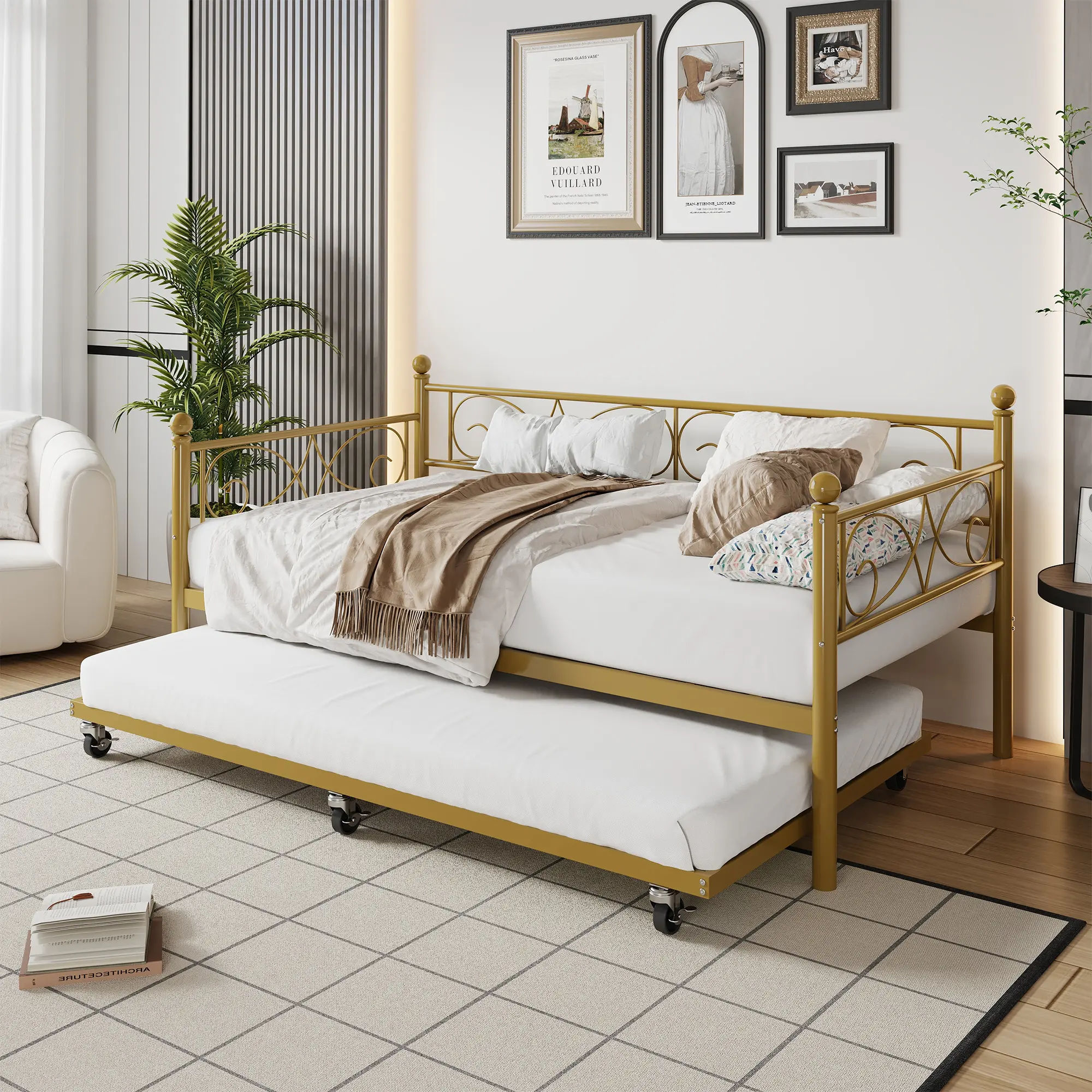 Modern Metal Daybed with Pull-Out Trundle & Floral Headboard – Space-Saving, Heavy Duty Steel Slats, No Box Spring Needed – for Bedroom, Guest Room & Living Room