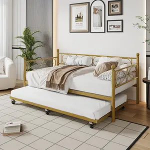 Modern Metal Daybed with Pull-Out Trundle & Floral Headboard – Space-Saving, Heavy Duty Steel Slats, No Box Spring Needed – for Bedroom, Guest Room & Living Room