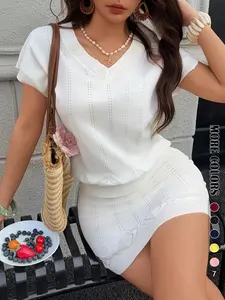 Two-Piece Women's Summer Clothes Set, V-Neck Hollow Out Cutout Top, Short A-Line Skirt, Slim Fit, Casual Elegant Chic Style, Knitwear for Vacation
