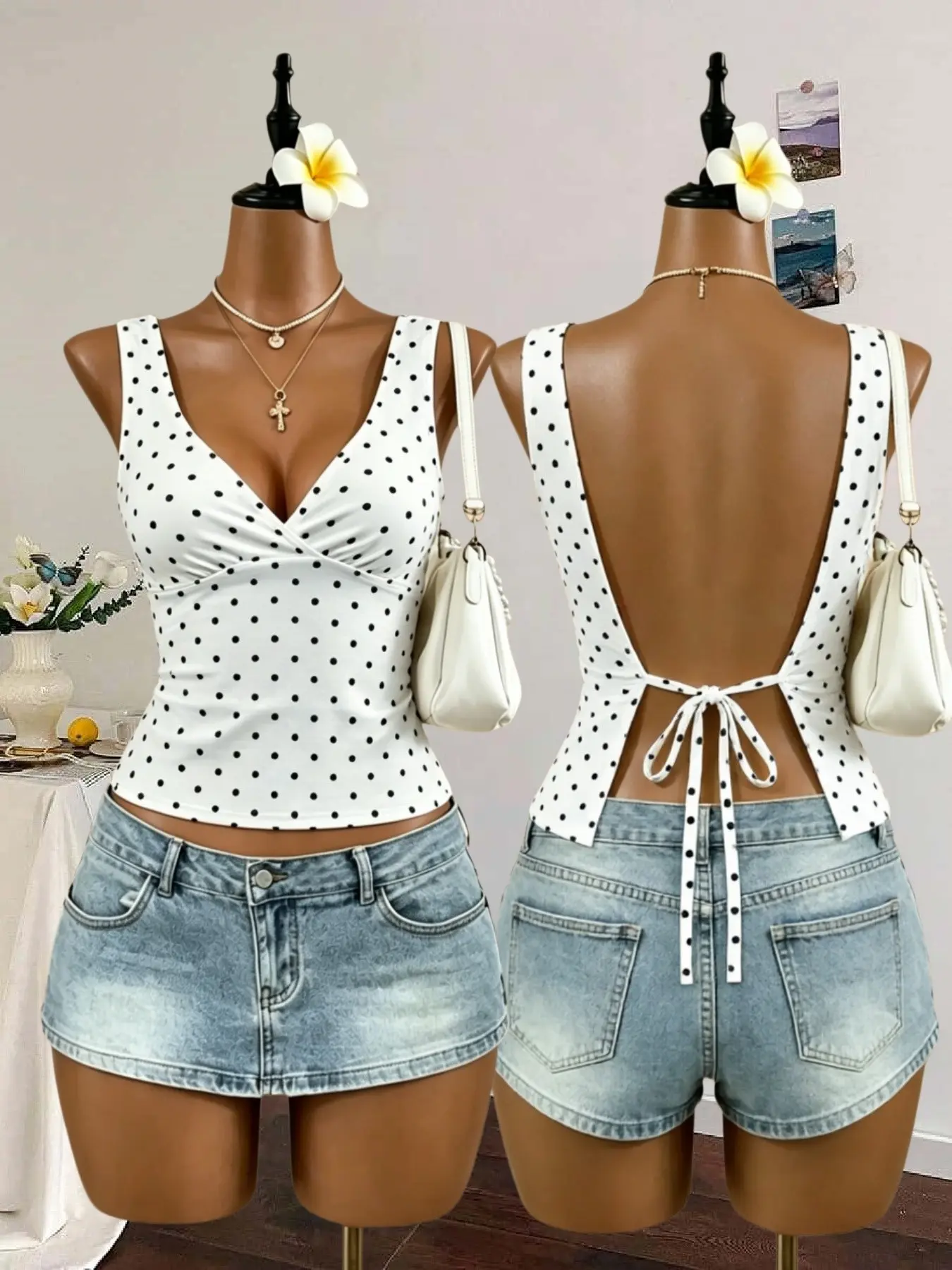 Y2K Cross Front Low Neck Tank Top, Wide Straps Waist Cinch, Modal Soft Pajama, Indoor Outdoor Two-In-One Fine Strap Top