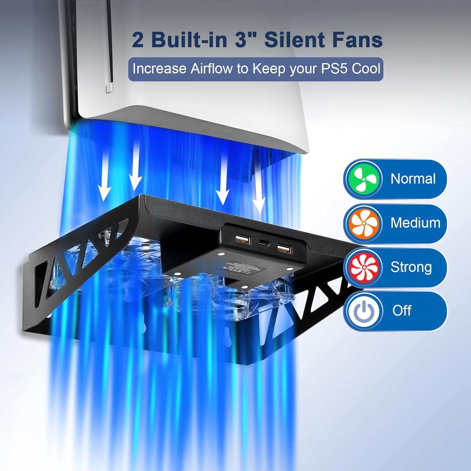 SUNDAY MIRTH Wall Mount Kit for PS5/PS5 Slim with  Station and Cooling Fans, PS5 Shelf Wall Mount Accessories, Steel Wall Stand with Dual Controller Charger, Headset Hanger for All PS5 Versions