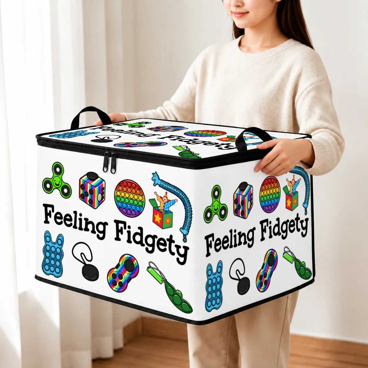 Fidget Sensory Toy Storage Box, Soft Fabric Foldable Bin, Rainbow Prints, Flip-Top Zipper, Organize Pop Its, Spinners, Stress Balls, Christmas Gift