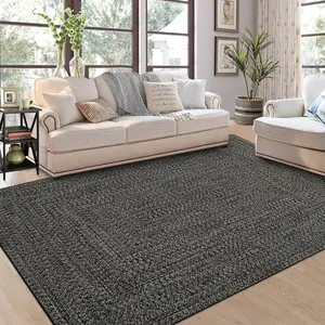 Garvee Solid Rug 9x12 Large Living Room Rug Print Pattern Bedroom Area Rug Braided Print Pattern Rugs for Dining Room Stain Resistant Indoor Area Rug Dark Grey