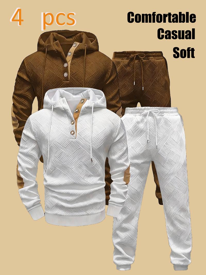 Men's Quilted Hooded Pullover with Half-Placket Buttons + Jogger Pants: Soft Casual Sportswear Set