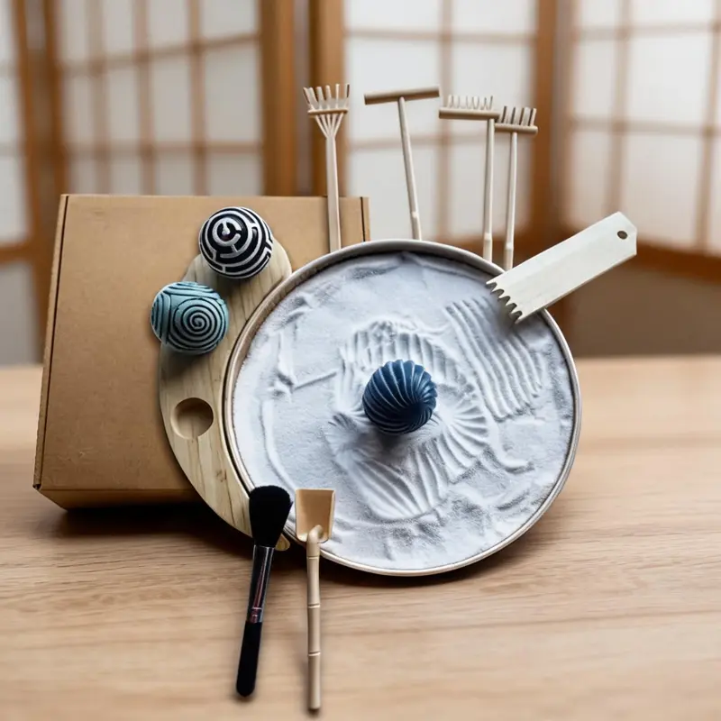 Mini Desktop Meditation Zen Garden Set, 9.5 Inch Bamboo Sand Base Tray, Comes with 3 Resin Decorative Spheres & 6 Mini Rake Tools, Calming Tabletop Decor, Ideal Present Option