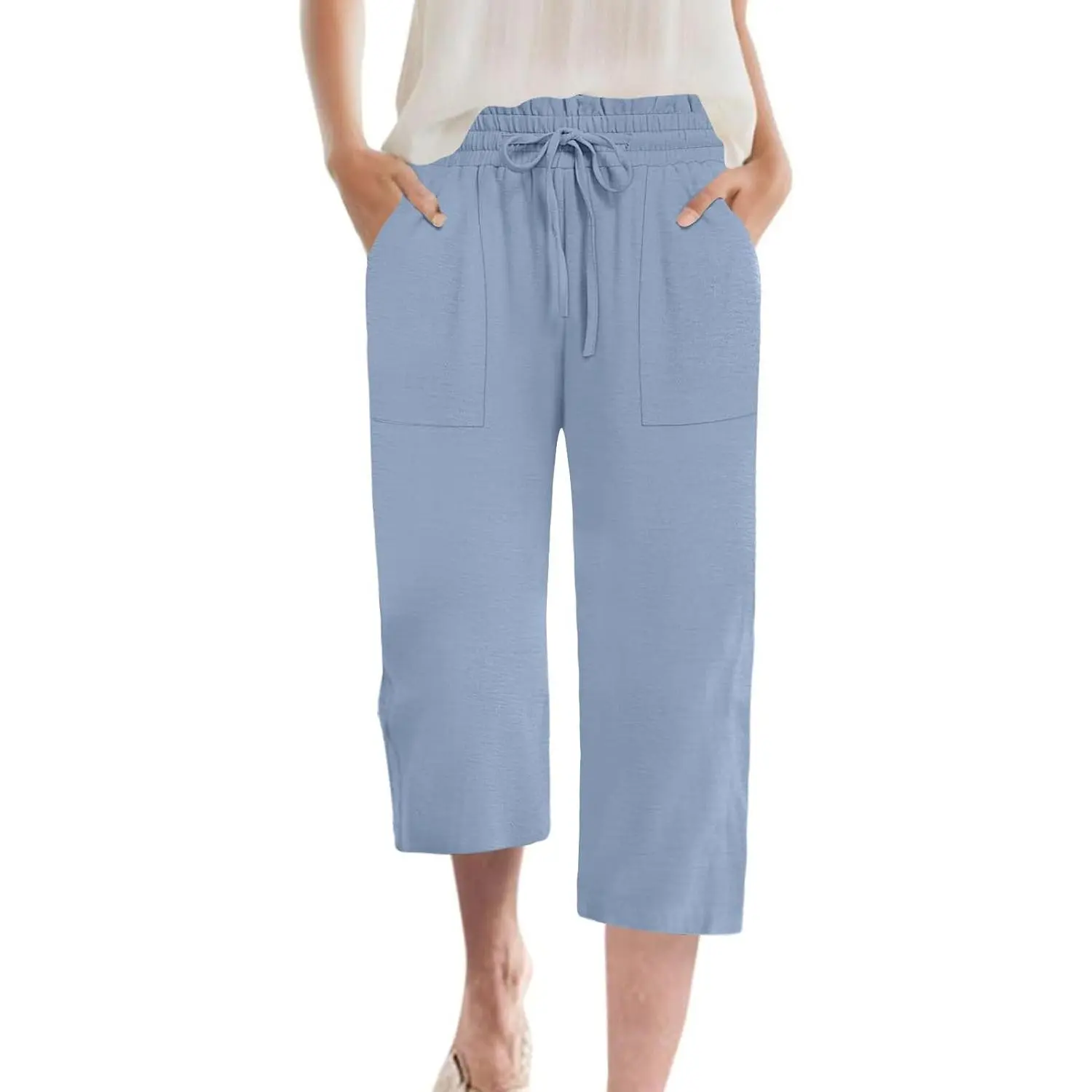Women's Casual Wide-Leg Capri Pants, High Waisted Pleated Chiffon Bottoms with Pockets, Lightweight Elastic Fit Flowy Travel Pants, Outdoor, Beach