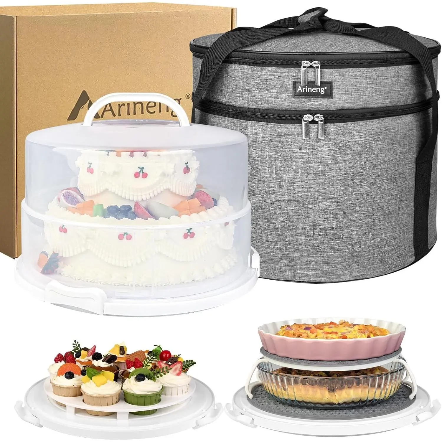 12 Inch Cake Carrier with Lid & Handle BPA-Free Cake Transport Container, Includes Insulated Bag, Cupcake & Pie Holders for Secure Dessert Delivery (Fits 7" Tall Cakes) (Grey)