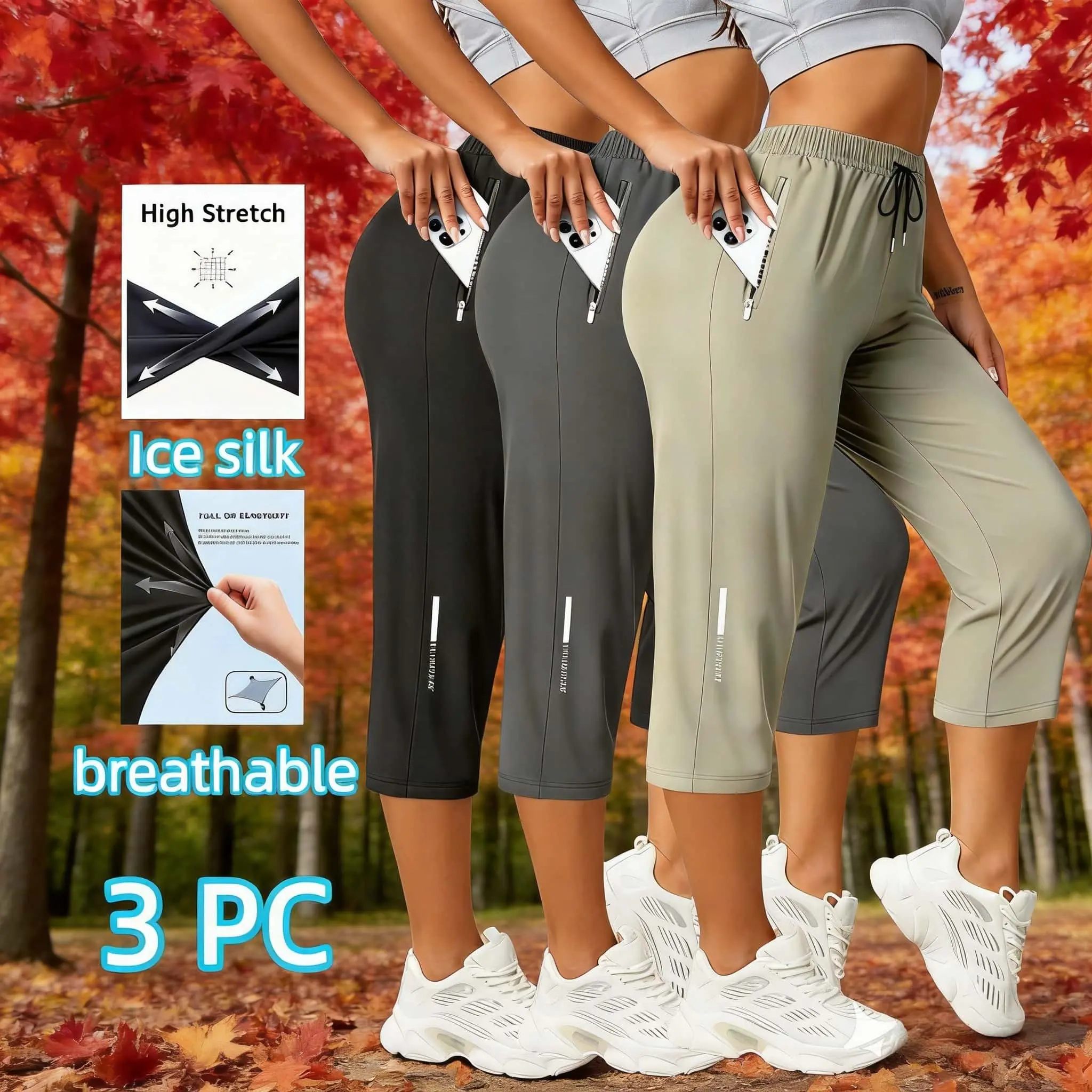 3PC Women's Ice Silk Capri Pants, Highly Elastic, Breathable, and Quick Drying, Zipper Security Pockets, All-Season Casual for Fitness, Yoga, Running & Daily Outdoor