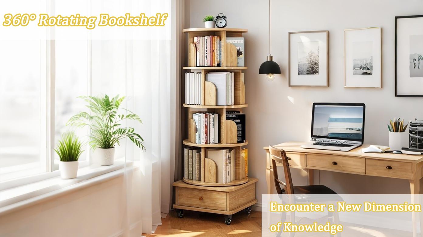 5 Tier Rotating Bookshelf, 360° Display Round Spinning Bookshelf with Wheels, Space-Saving, Small Space Rotating Bookshelf Tower for Bedroom, Living Room, Home, Office