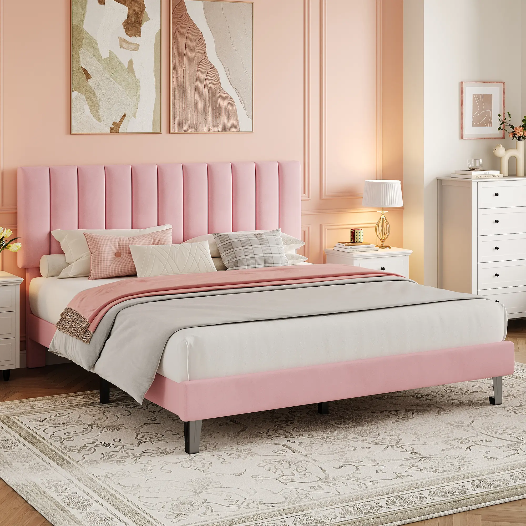 【GAOMON】Velvet Platform Bed Frame with Adjustable Headboard, Full/Queen/King Size, Channel Tufted Upholstered Bed, No Box Spring Needed, 1000lbs Capacity, White/Pink/Blue, Modern Bedroom Furniture