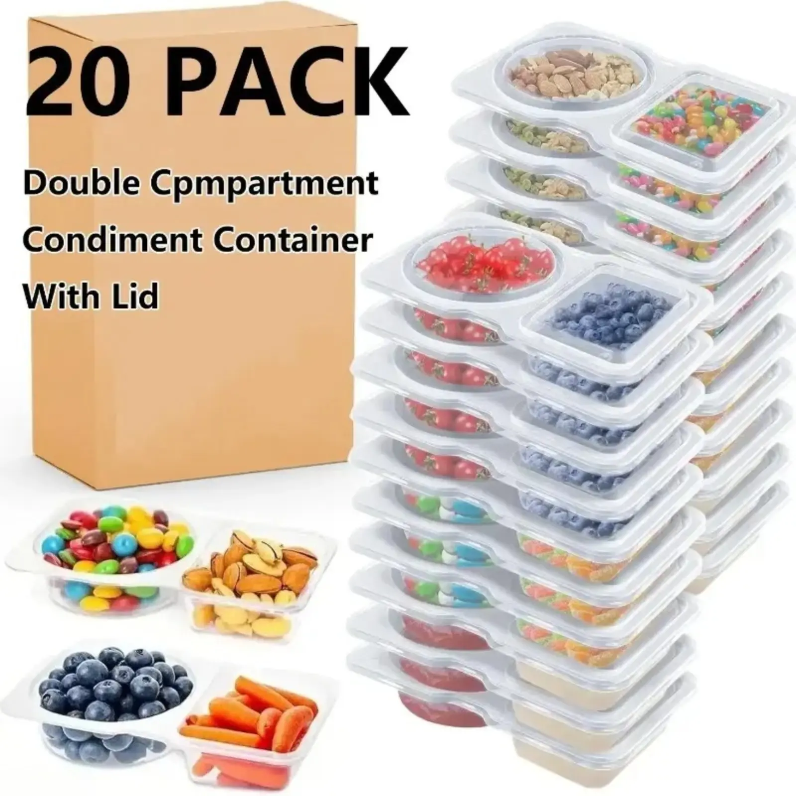 20Pcs/10Pcs Double Compartment Condiment Cups with Lids, Disposable Leakproof Dipping Sauce Containers, Portable Storage Cases for Takeout, Travel Picnic, Camping Tastings & Outdoor Food Sampling