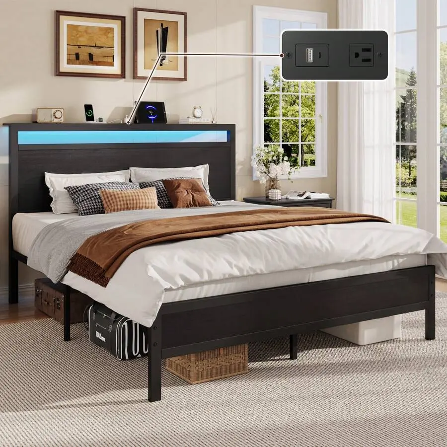 Bed Frame With LED Light , Industrial Platform Bed Built-In Charging Station, 1-Tier Storage Headboard, Under Bed Storage Space, No Box Spring Required, Noise-Free,Classic Black