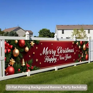 2D Flat Red Gold Christmas New Year Banner, Elegant Script Merry Christmas Happy New Year, Weather-Resistant No Electricity for Fence Lawn Home Office Party