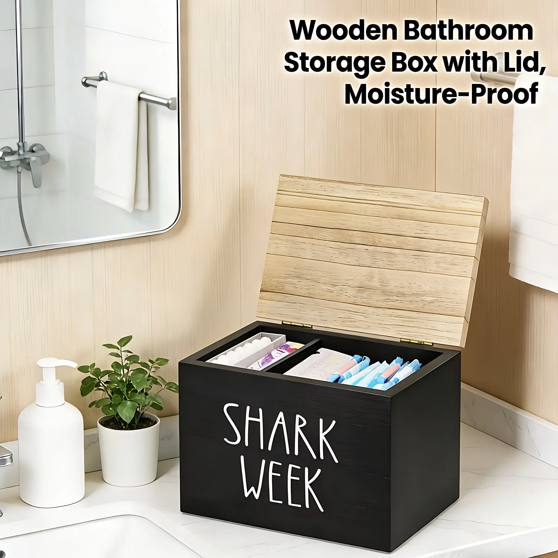 [AURA & ISLE] Cork bathroom storage box, with hinged lid, multi-component durable and easy-to-clean design, suitable for cotton swabs, feminine hygiene products, black and decorative, for bathroom organization and storage
