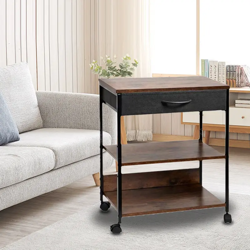 Iron-wood combination storage rack for home use, movable trolley for living room, bedroom bedside storage rack with drawers